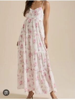 Altar'd State White Floral Maxi Dress with Pink Roses